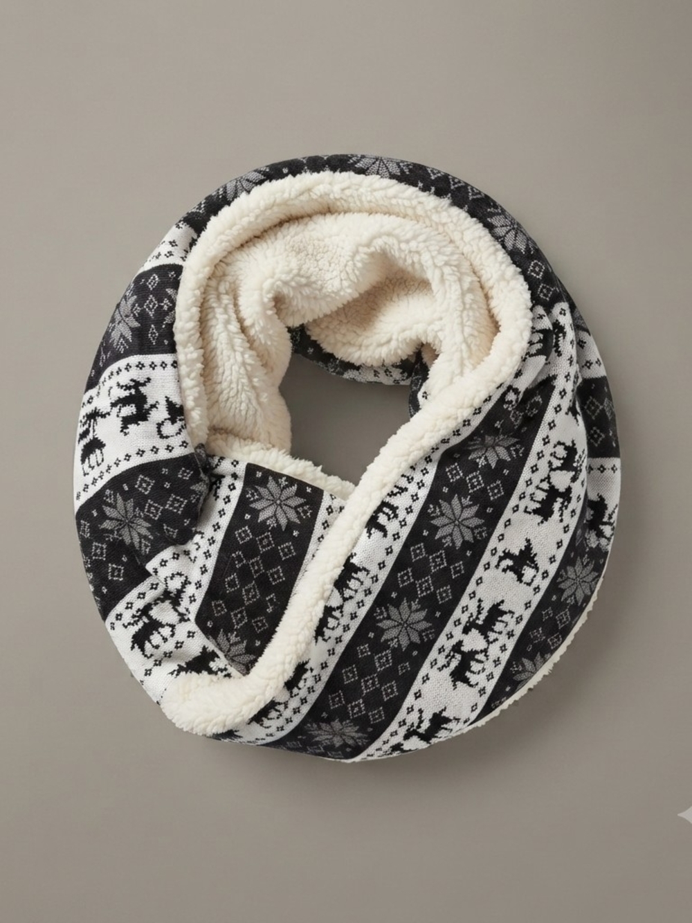 Bulldog Nordic Fair Isle Black White Fleece Lined Infinity Scarf Winter